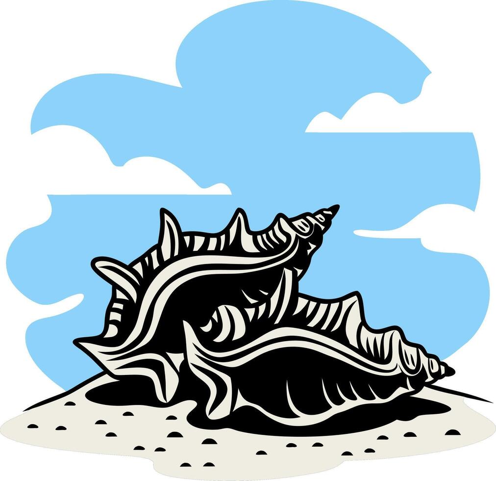 Conch Shell Art Illustrating Beach Ocean Theme with Clouds vector