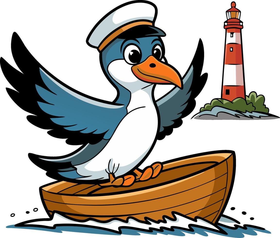 Cartoon Sailor Seagull Navigating Boat Near Lighthouse Illustration vector