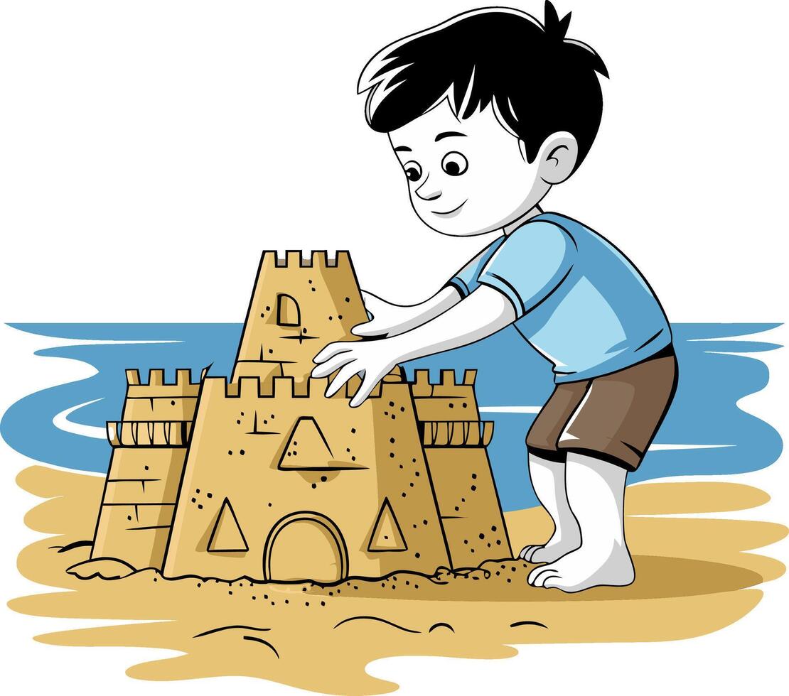Child Building Sandcastle Illustration Beach Playtime Creativity vector
