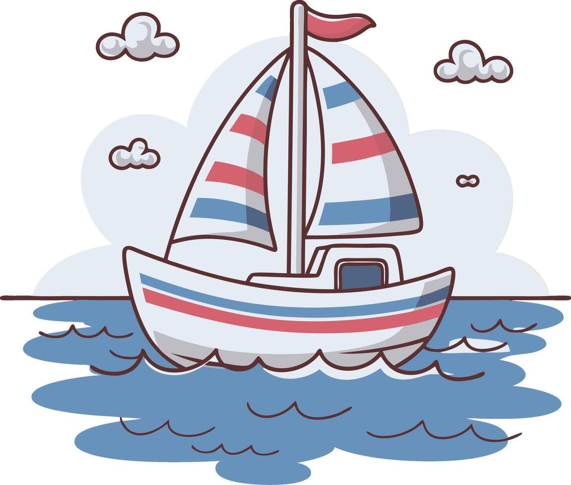 Colorful Sailboat on Ocean Waves with Clouds Illustration vector
