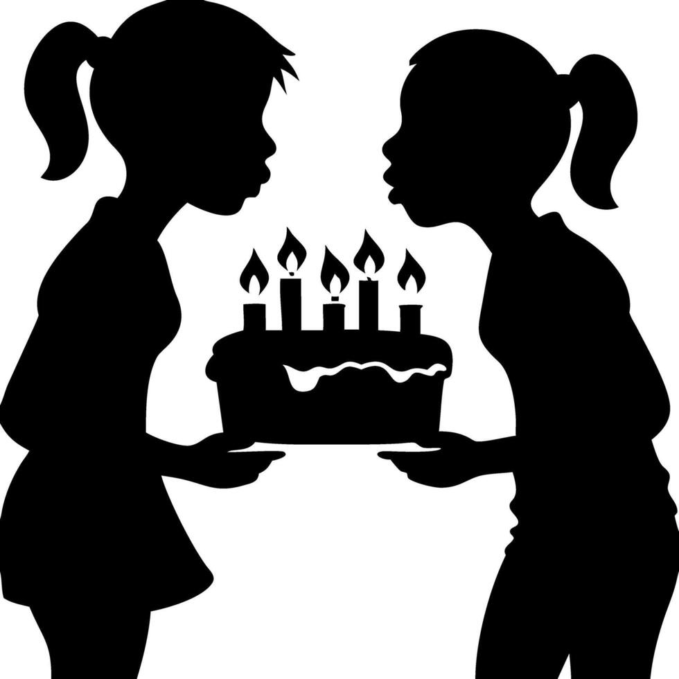 Birthday Celebration Silhouette Kids Blowing Candles on Cake Illustration vector