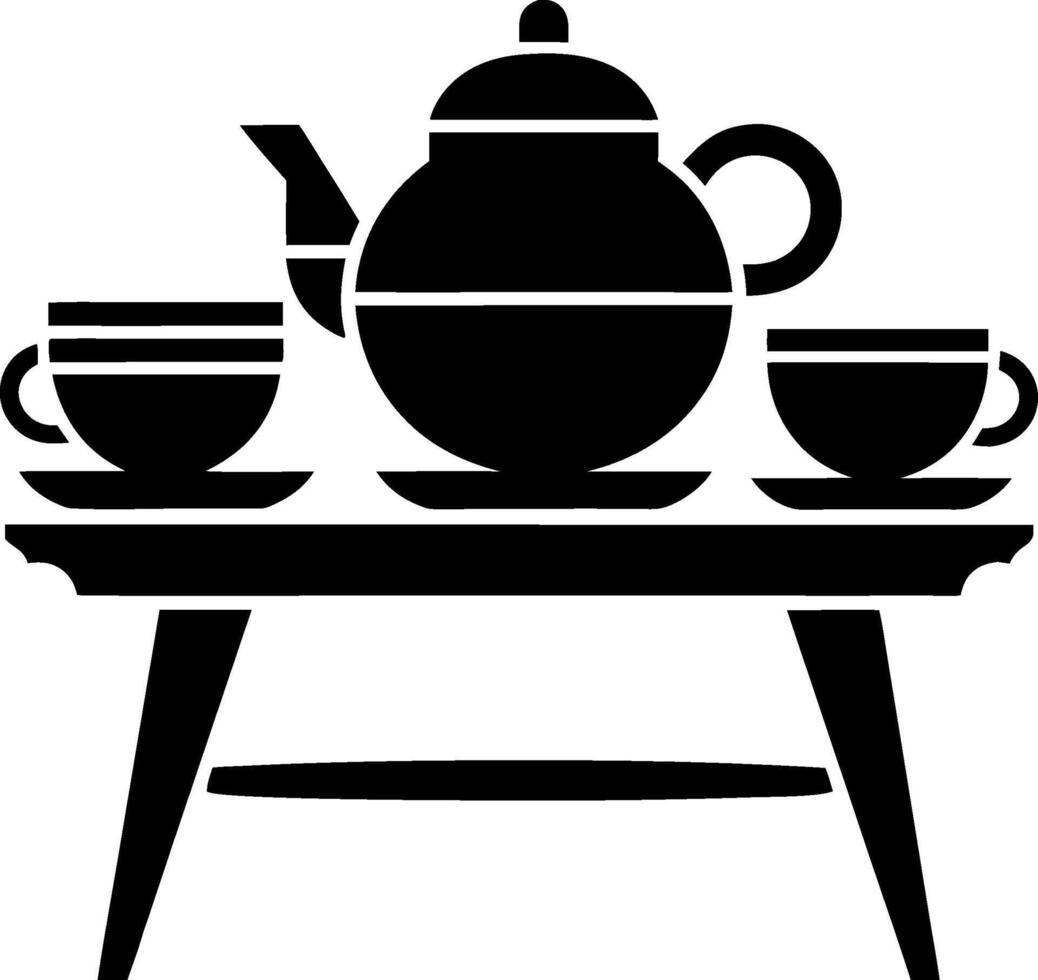 Black Teapot with Cups on Wooden Table Silhouette for Tea Ceremony Decor vector
