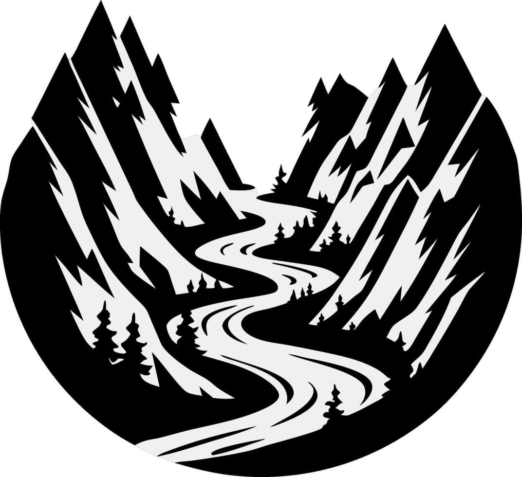 Black and White Mountain Landscape with Winding River Design vector