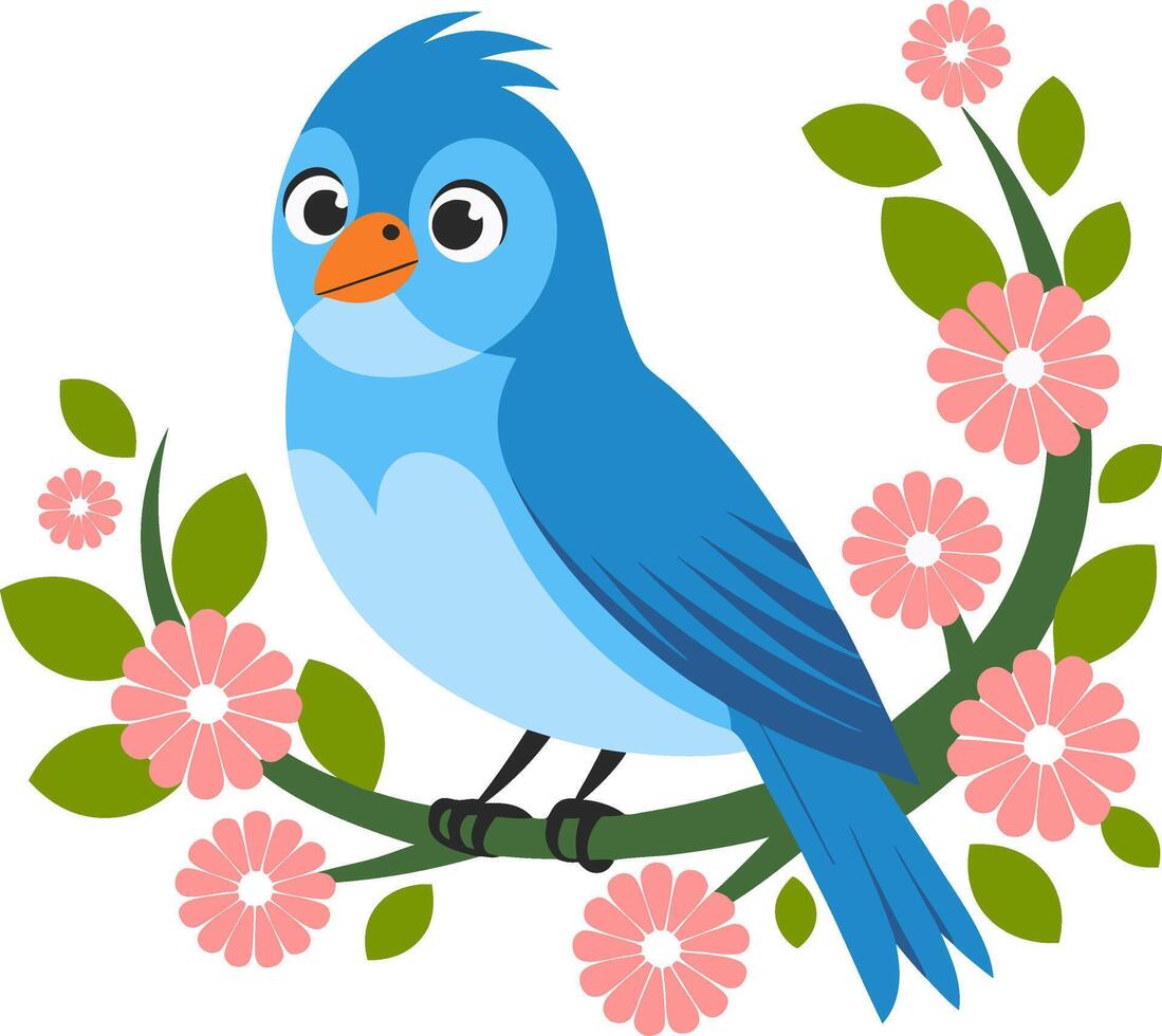 Bright Blue Bird Perched on Flowering Branch Colorful Illustration for Spring Design vector
