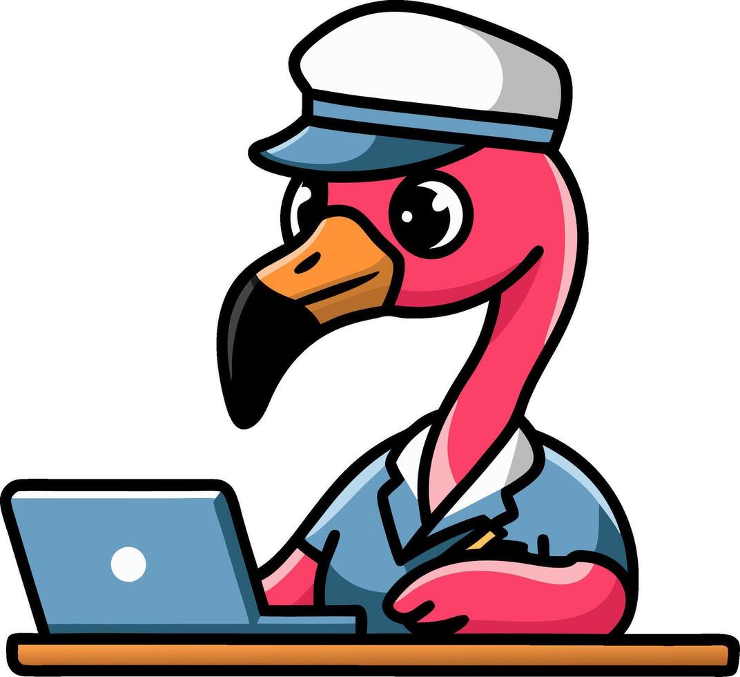 Cartoon Flamingo Character Dressed as Sailor Typing on Laptop Illustration vector