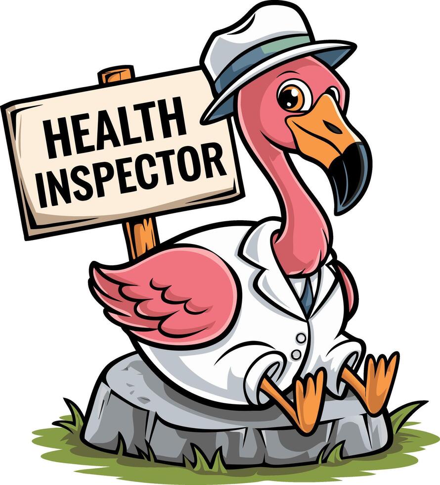 Cartoon Flamingo Health Inspector in White Suit with Hat and Sign Sitting on Rock vector