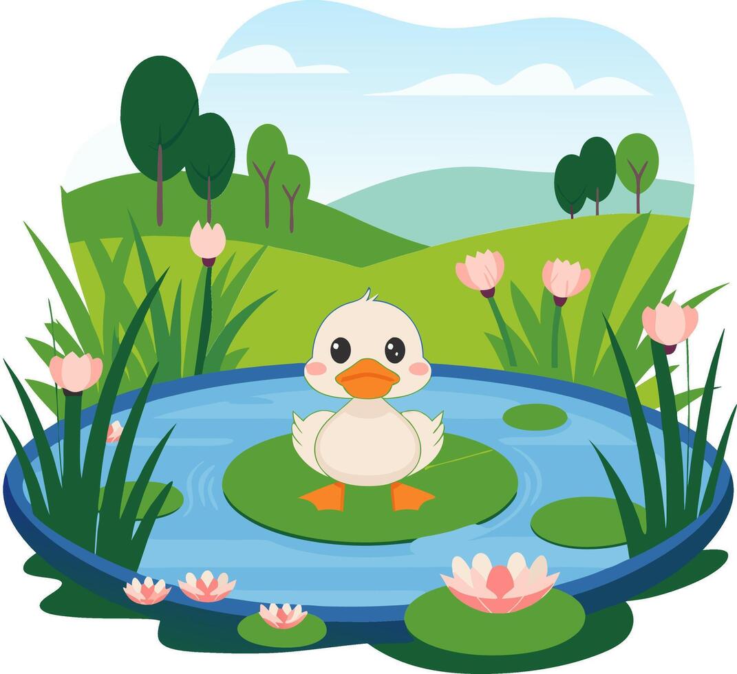 Adorable Baby Duckling on Lily Pad in Serene Pond with Lush Green Landscape vector