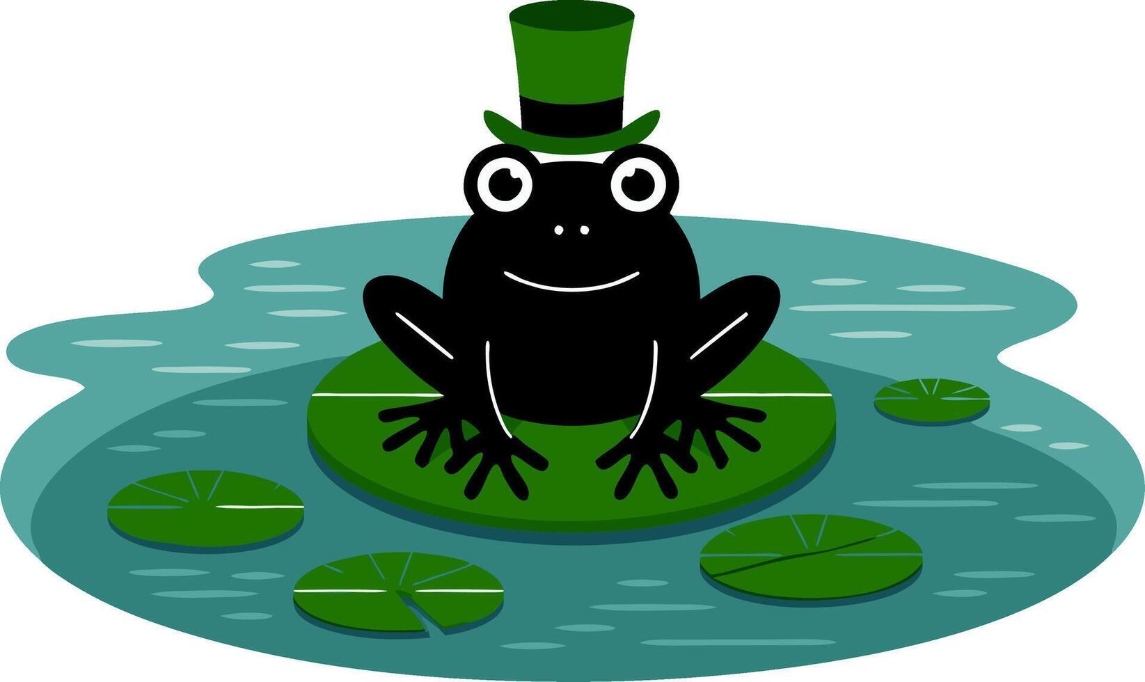 Cartoon Frog Wearing Top Hat Sitting on Lily Pad in Pond vector