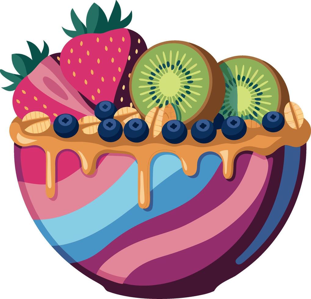 Colorful Fruit Bowl with Kiwi Strawberry and Dripping Sauce Illustration vector