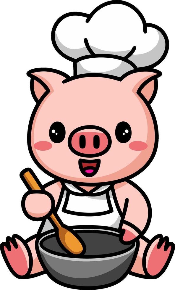 Adorable Chef Pig Cartoon Cooking with Spoon in Mixing Bowl Illustration vector