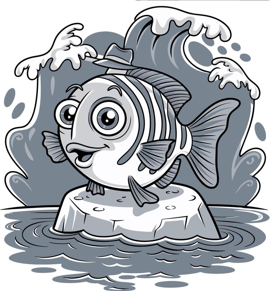 Cartoon Fish Standing on Rock with Waves in Illustration vector