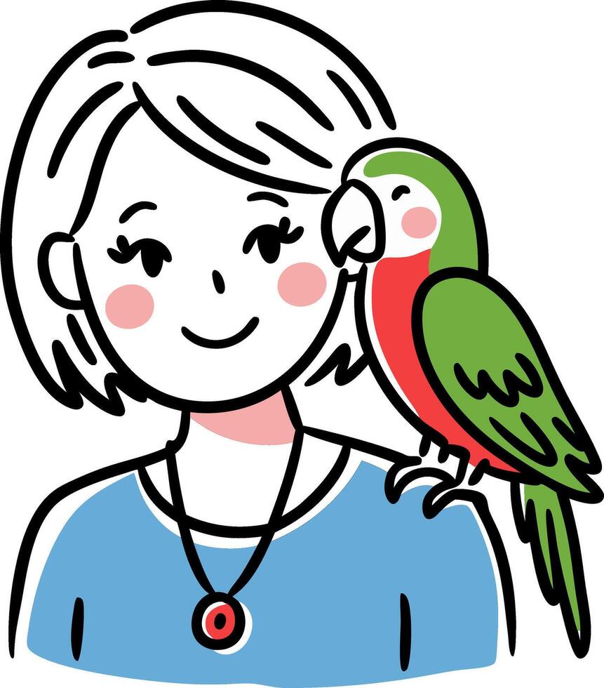 Cartoon Woman with Colorful Parrot on Shoulder Illustration vector