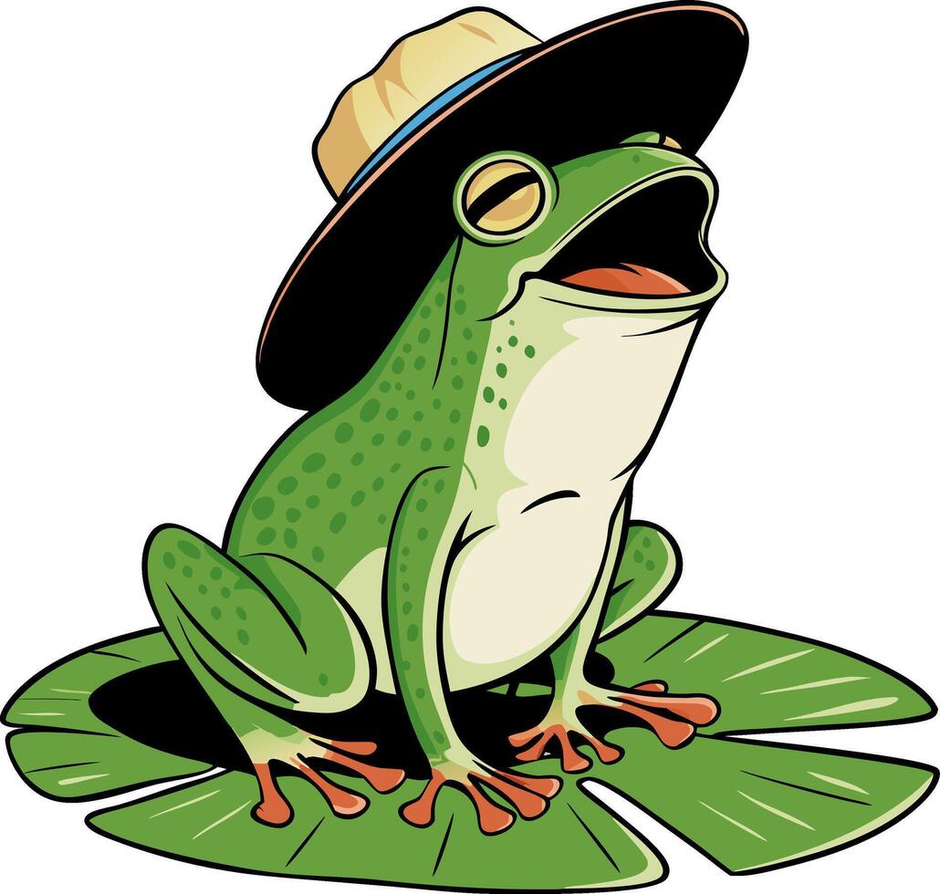 Cartoon Frog with a Hat Sitting on a Lily Pad Illustration vector