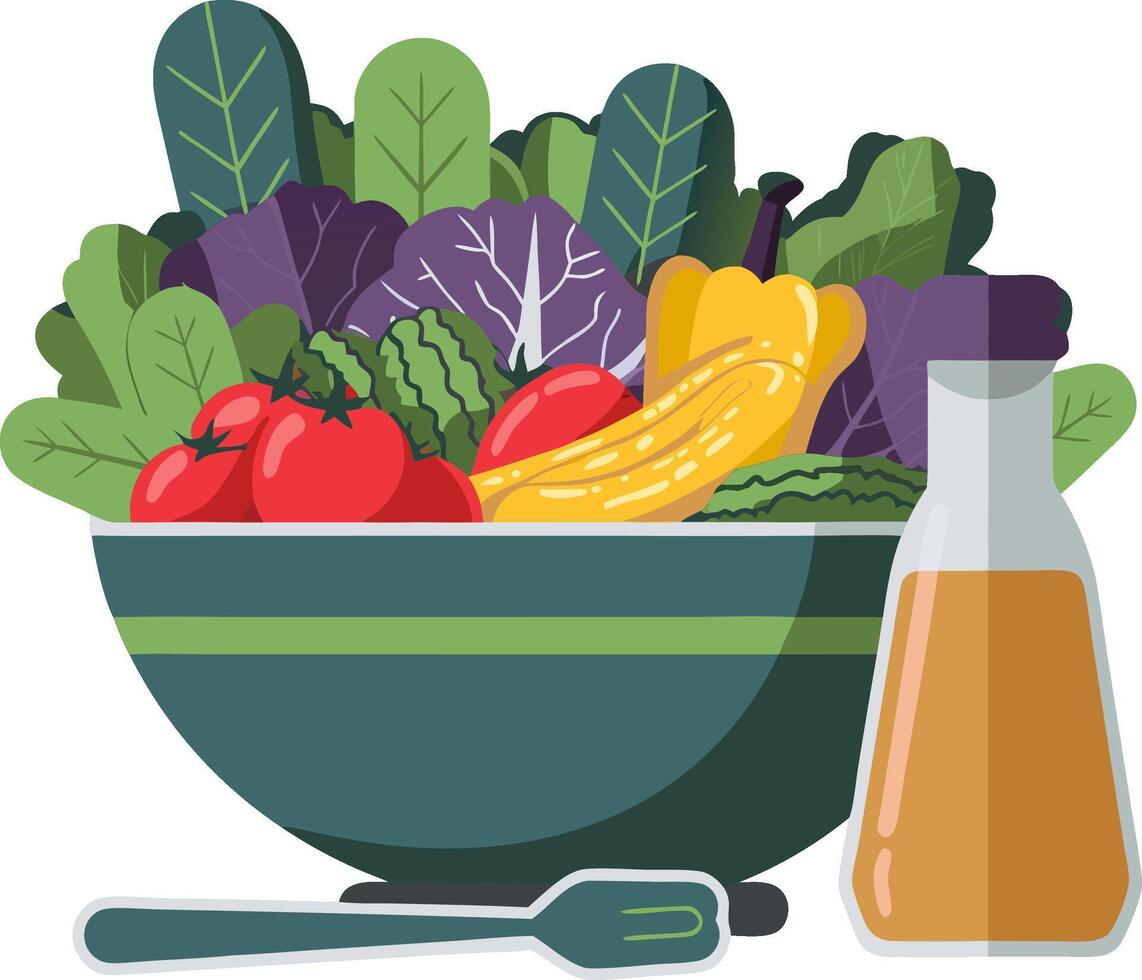 Colorful Fresh Vegetable Salad Bowl with Dressing and Fork Illustration for Healthy Eating Concepts vector