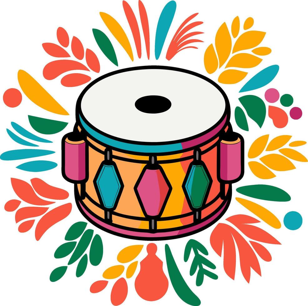 Colorful Drum Illustration with Decorative Floral Elements Art vector