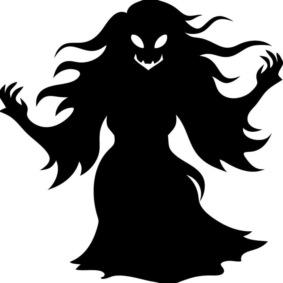 Spooky Silhouette of Haunting Ghostly Figure with Flowing Hair and Glaring Eyes vector