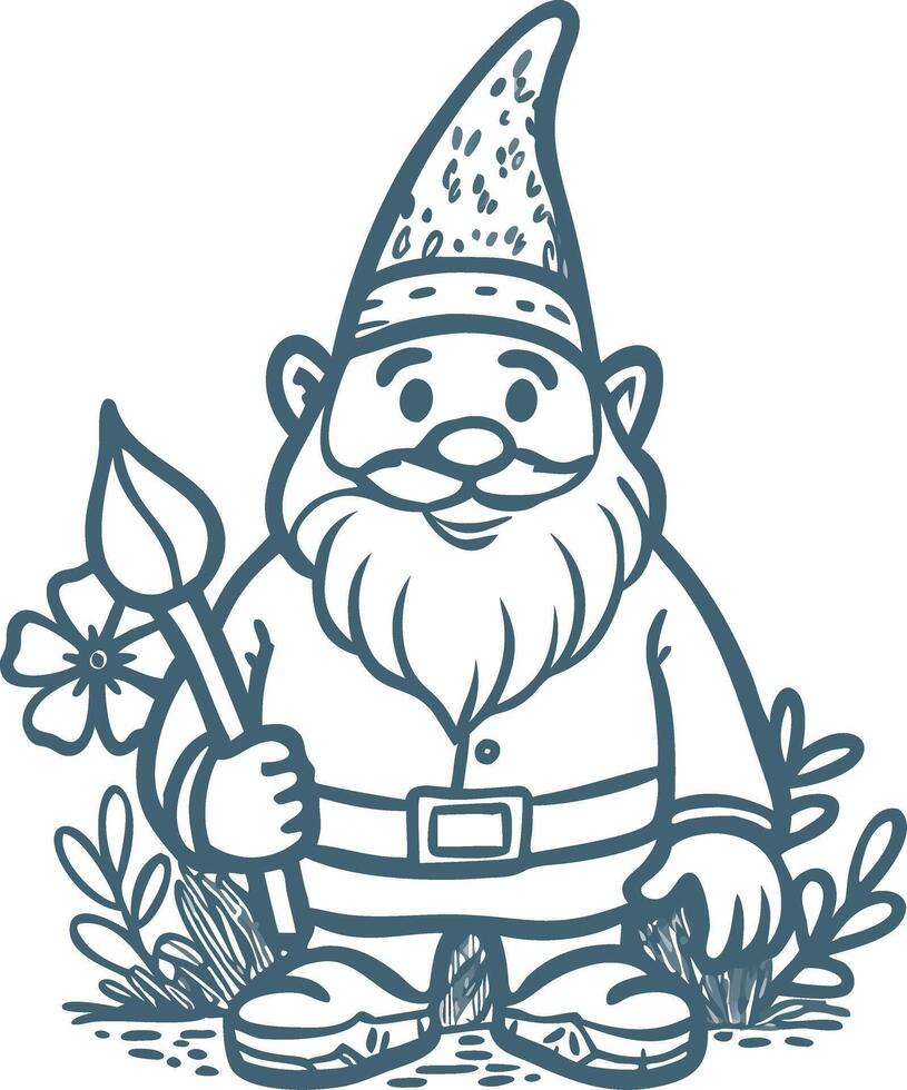 Whimsical Garden Gnome Holding Flower Illustrative Art vector