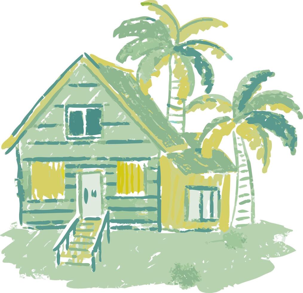 Tropical Beach House with Palm Trees Illustration for Vacation Themes vector