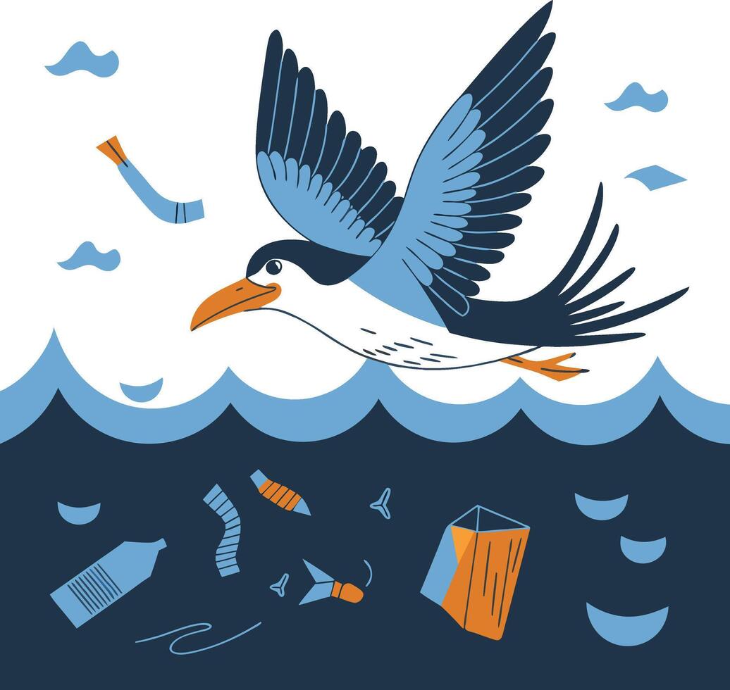 Sea Bird in Flight Over Ocean Pollution Environmental Awareness vector
