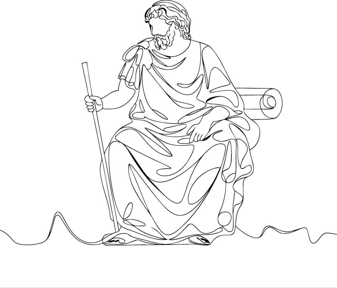 Ancient Greek Philosopher Line Art with Staff Seated on Bench Illustration vector