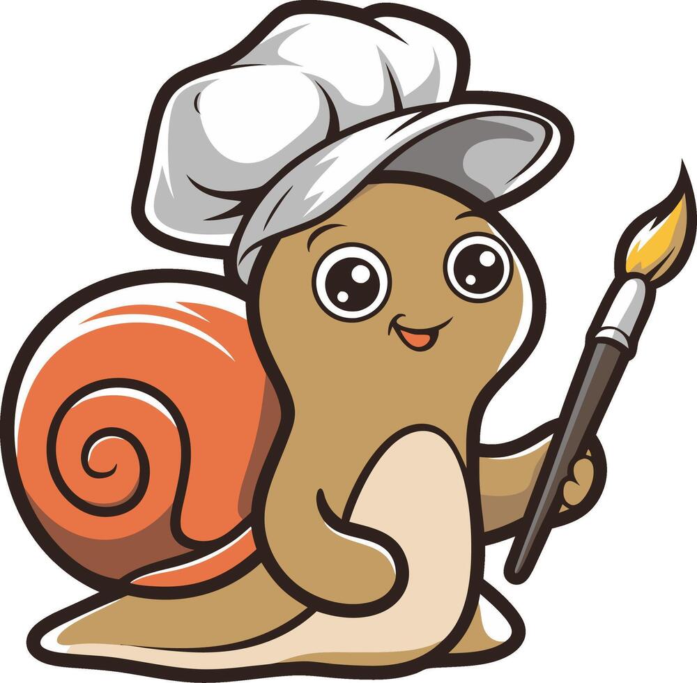 Adorable Snail Chef Holding Paintbrush Cartoon Art vector
