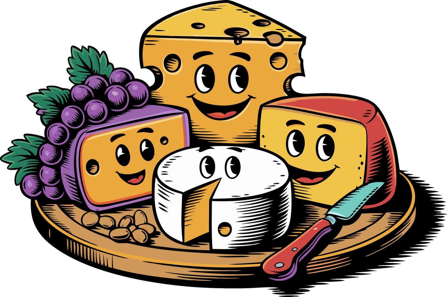 Cartoon Cheese Platter Smiling Cheese Grapes Nuts Festive Party Illustration vector