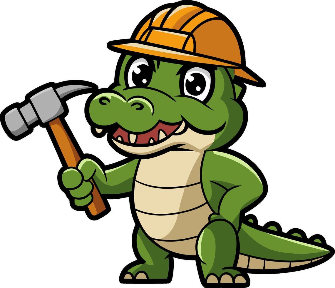 Cartoon Alligator Construction Worker with Hammer Illustration vector