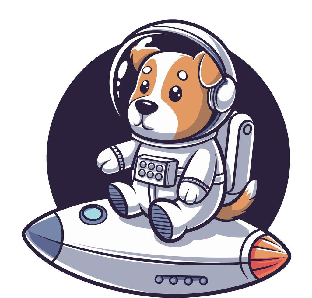 Adorable Space Dog in Astronaut Suit Riding Cartoon Rocket Art vector