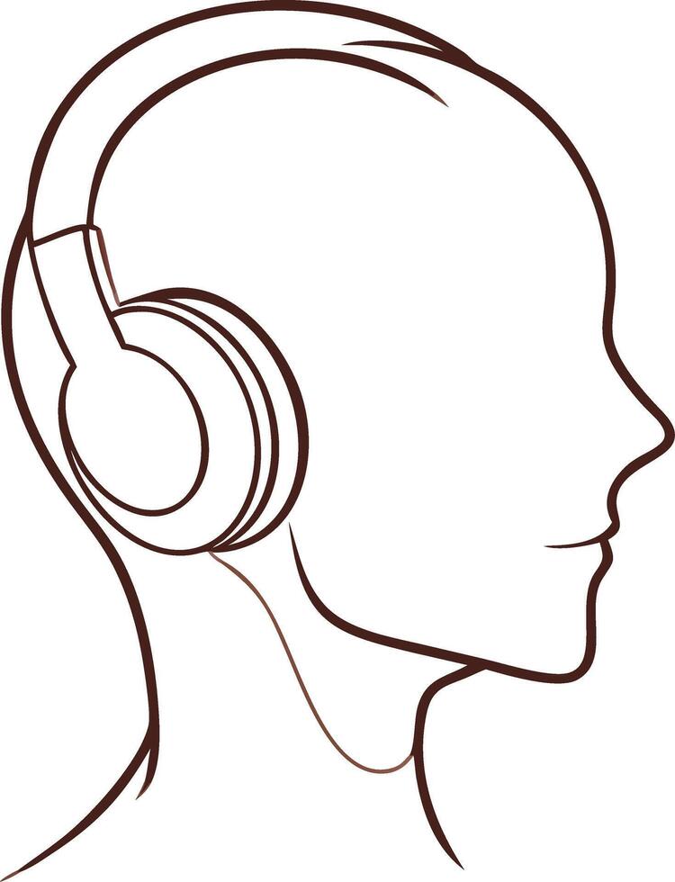 Outline Side Profile Wearing Headphones for Music and Audio Themes vector