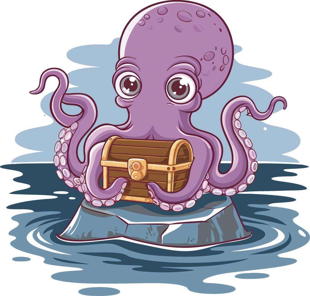 Adorable Purple Octopus Holding Treasure Chest on Ocean Rock Art vector