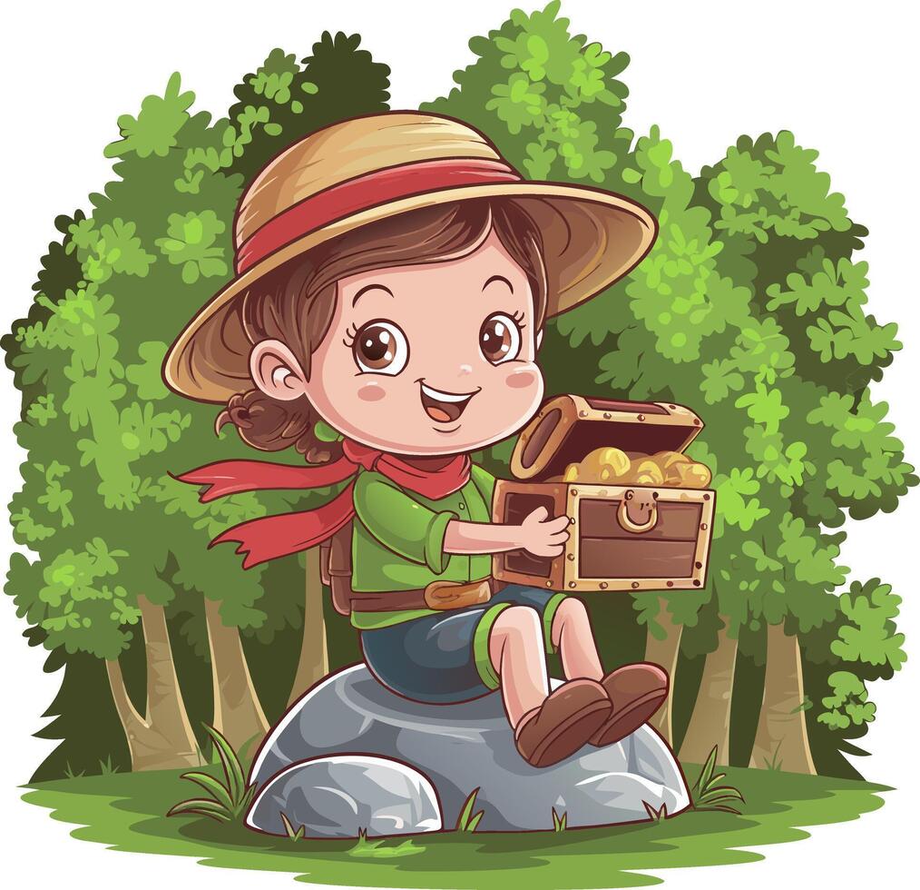 Adventurous Child with Treasure Chest in Forest Cartoon Illustration vector