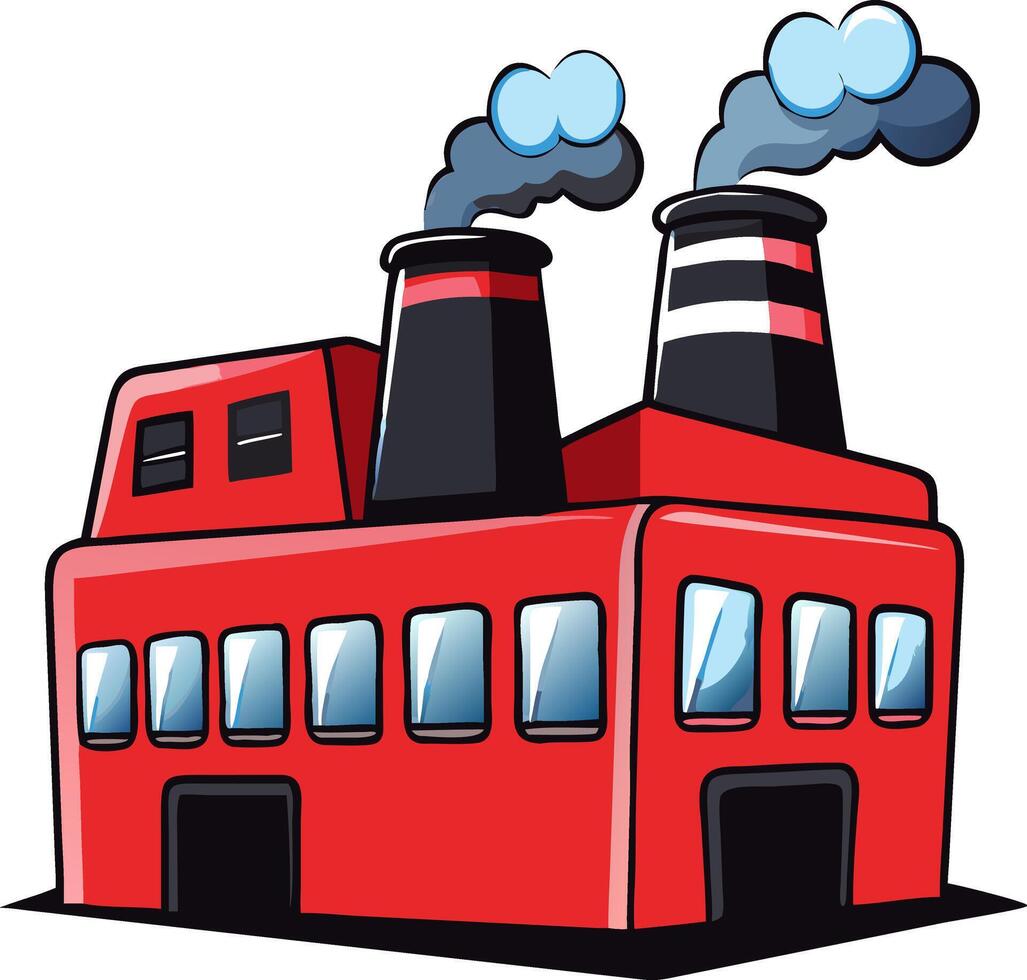 Red Industrial Factory Illustration with Smoke Stacks Emphasizing Urban Manufacturing vector
