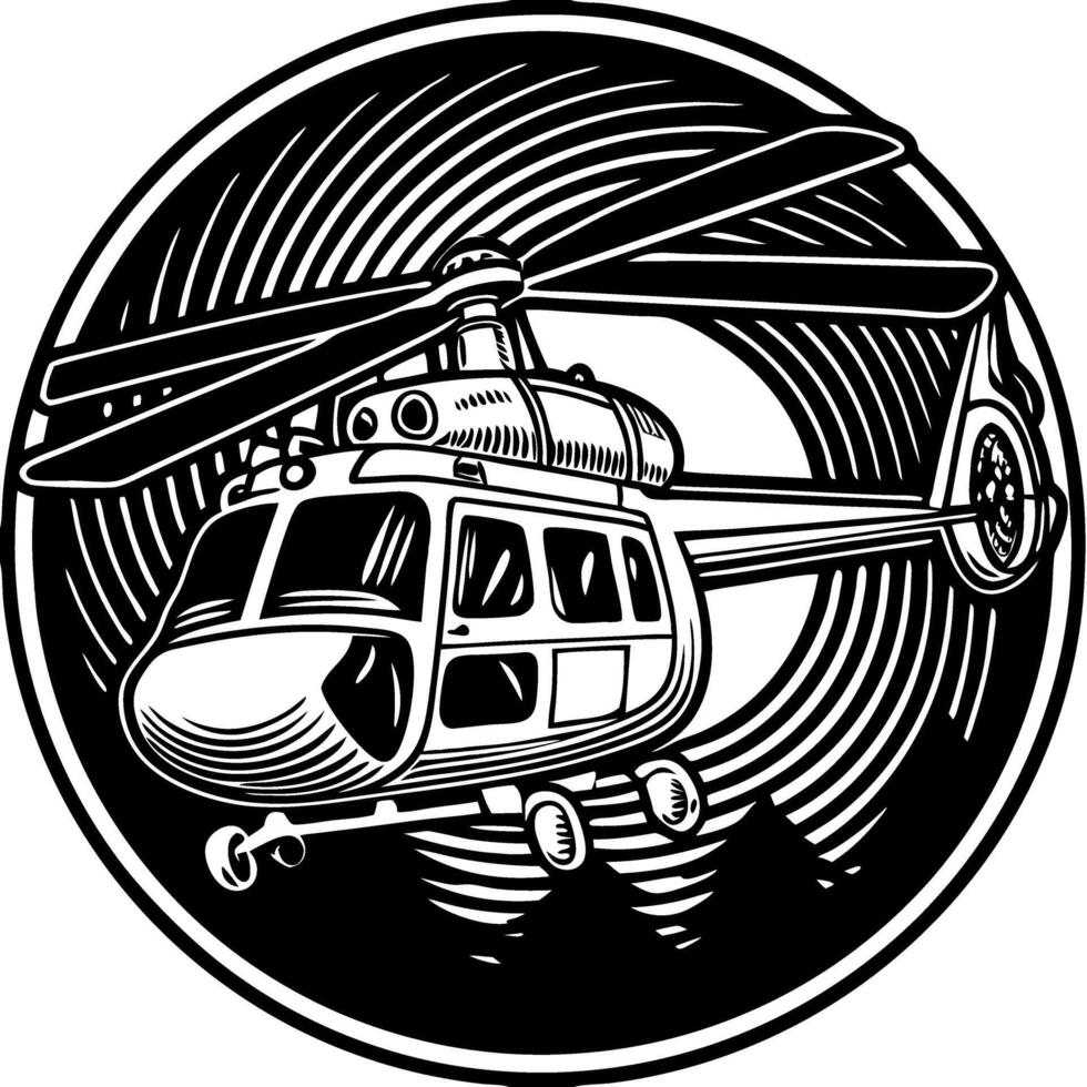 Helicopter Black and White Illustration in Circular Design Perfect for Aviation Projects vector