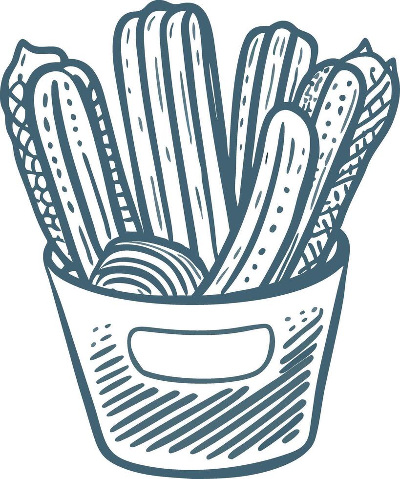 Hand Drawn Snack Basket Illustration with Assorted Breadsticks and Pastries vector