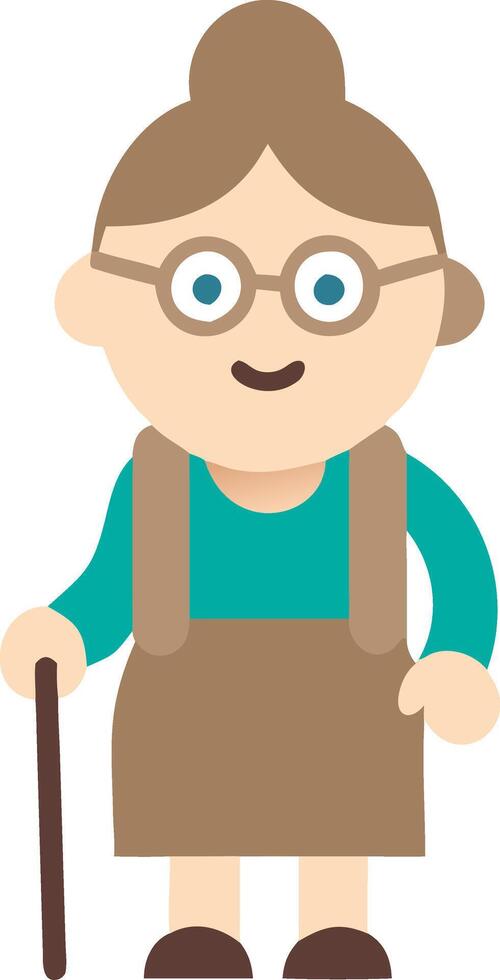 Cute Elderly Woman Illustration with Walking Stick and Glasses vector