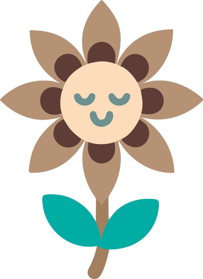 Smiling Face Cartoon Flower with Brown Petals and Green Leaves Illustration vector