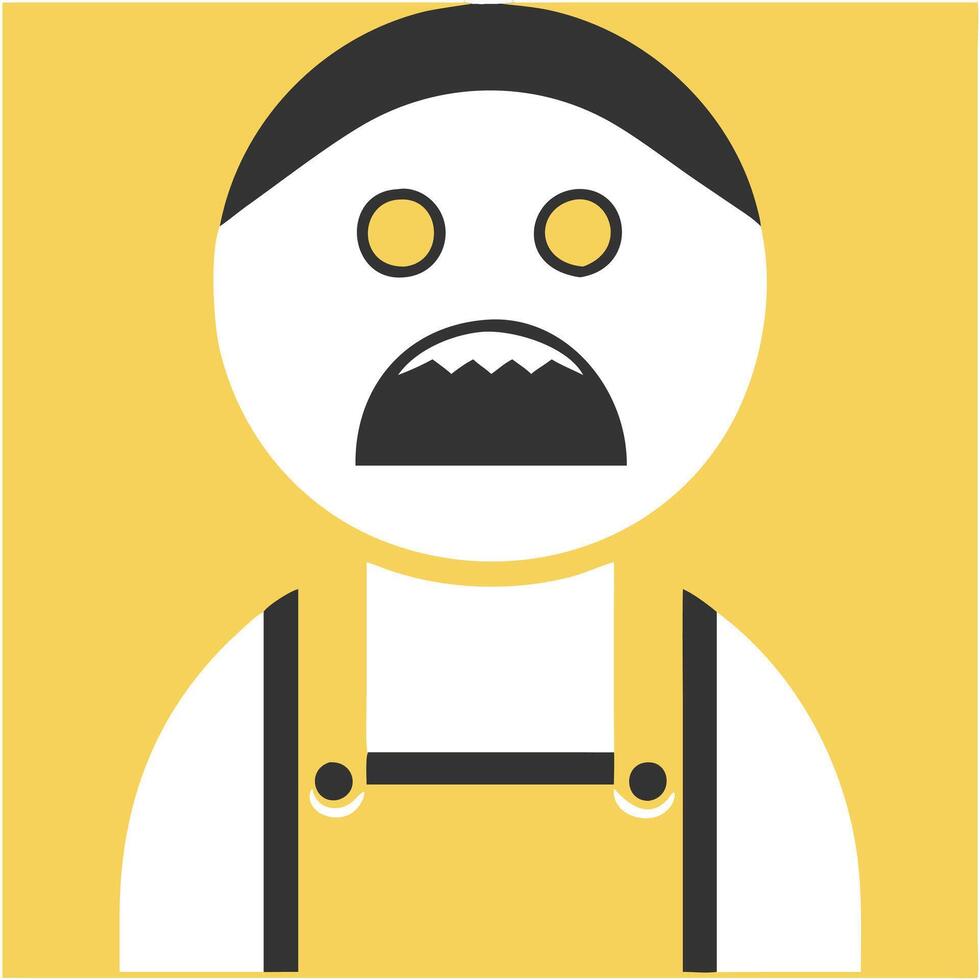 Simple Graphic of Surprised Person in Overalls with Yellow Background Expression vector