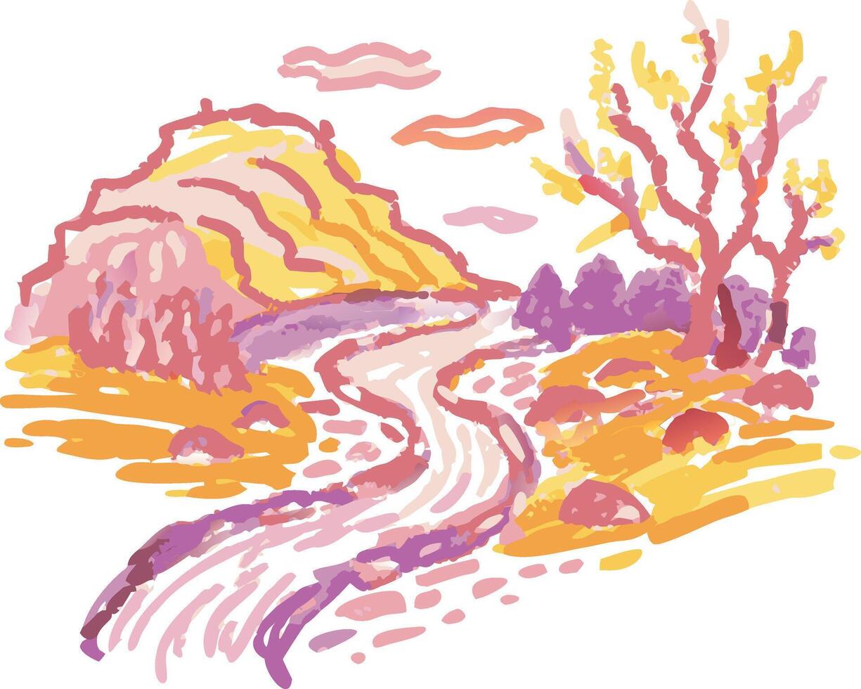 Vibrant Landscape Art Colorful Autumn River Trees and Hills vector