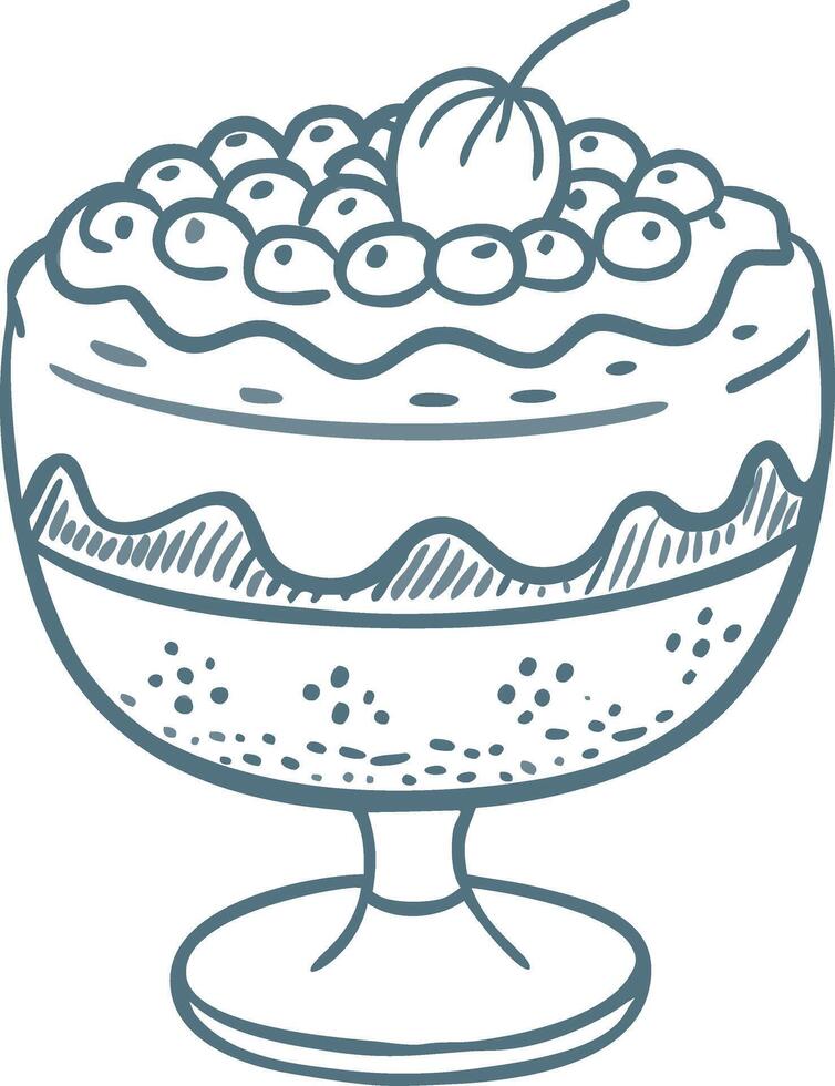 Elegant Dessert Bowl Sketch with Berries and Cherry Top View Illustration vector