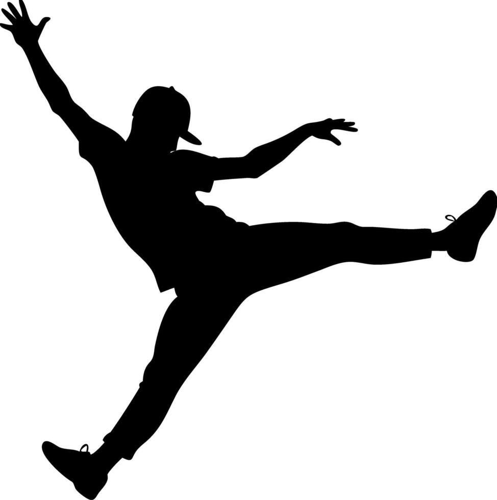 Dynamic Urban Dancer Silhouette Captures Energetic Dance Movement in Mid Air Leap vector