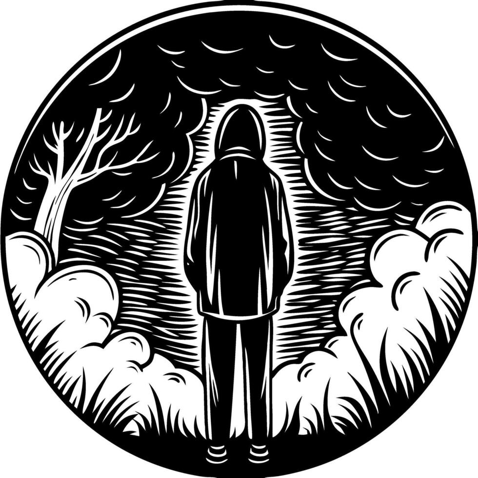 Dark Hooded Figure in Forest Night Scene Art for Mystery Themes vector