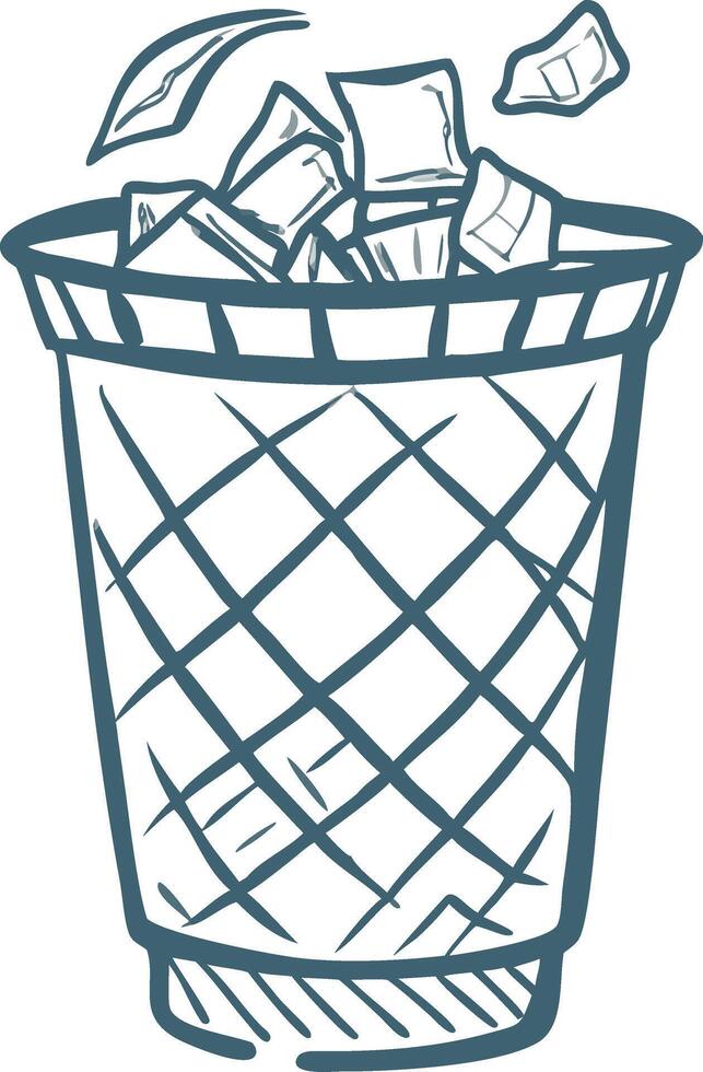 Blue Outline of Wastebasket with Paper Crumples for Office Clean Up Concepts vector