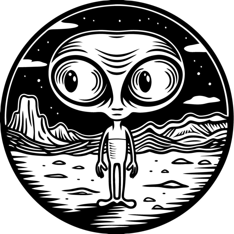 Alien Illustration with Large Eyes and Desert Landscape Night Sky Art vector