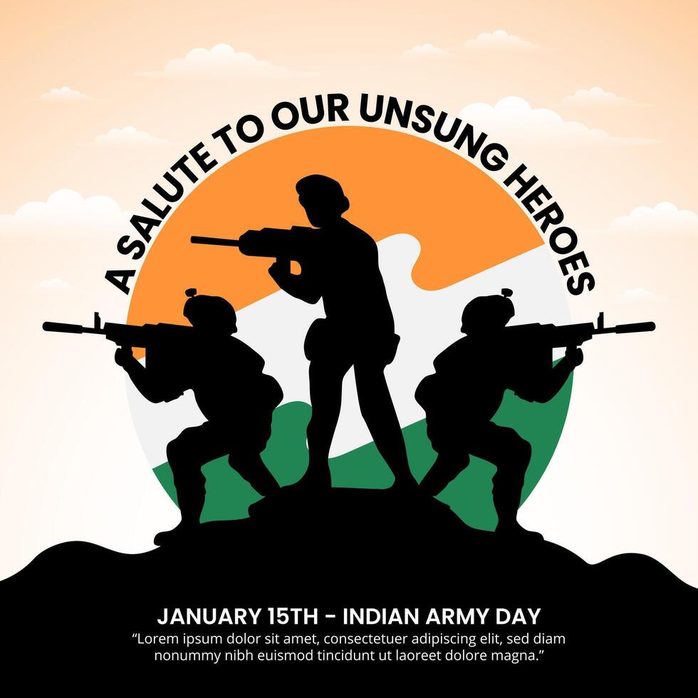 Indian Army Day background with silhouettes of soldiers and a flag vector