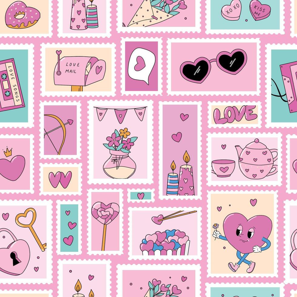 Valentine's day stamps seamless pattern for wallpaper, wrapping paper, packaging, stationery, digital paper, textile prints, etc. EPS 10 vector