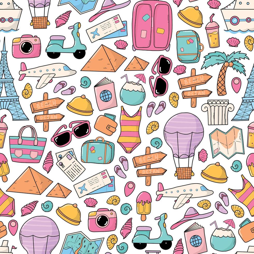 Summer and Vacations doodles seamless pattern for packaging, wallpaper, backgrounds, wrapping paper, textile prints, digital paper, etc. EPS 10 vector