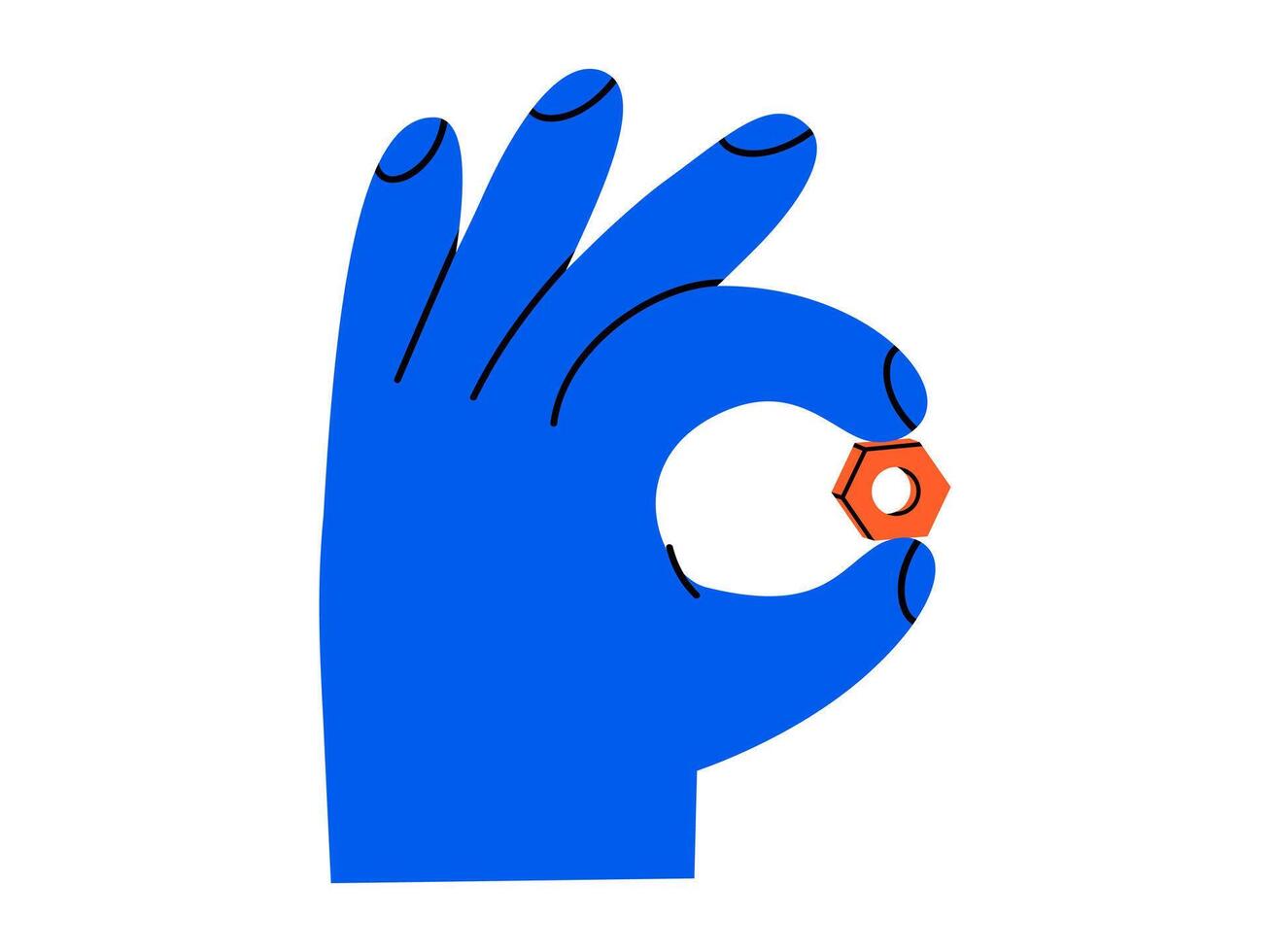 Hand drawn cute cartoon illustration hand with female screw. Flat arm holding repair hexagon tool in doodle. Support service nut hardware icon. Settings or fix problem. Find solution. Isolated. vector