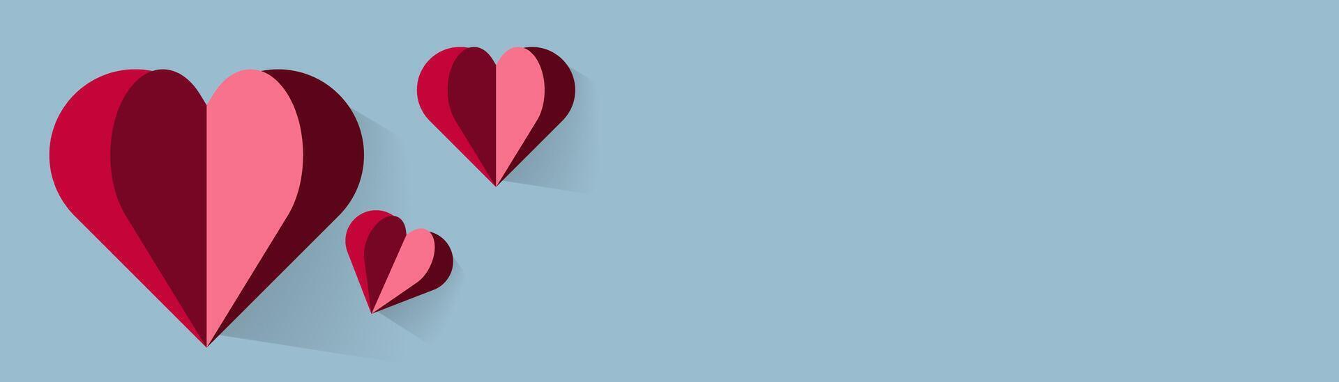 A stylized heart icon, evenly divided into dark red and pink sections, with a long shadow for a modern 3D effect. A Red paper hearts on blue background, Valentine concept vector