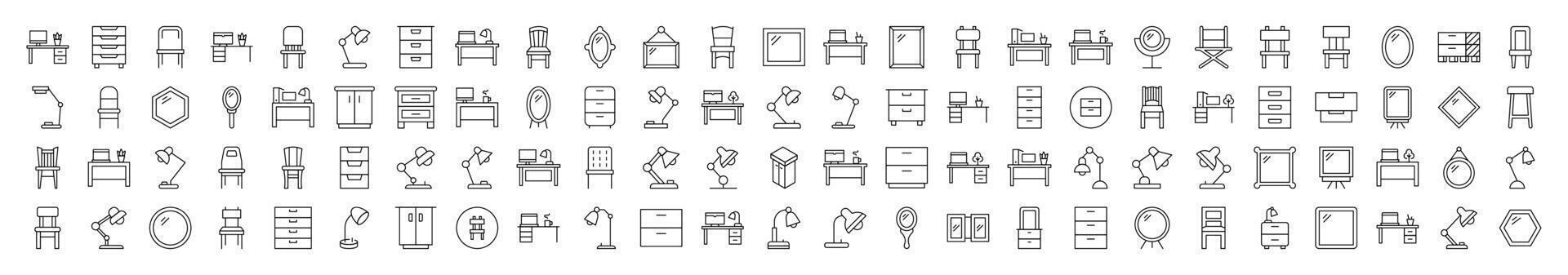 Furniture for Interior Related Outline Icon Set. Contains Icons of Workplace, Mirror, Chair, Table Lamp for Banners, Infographics, Books, Articles and Other Types of Design vector