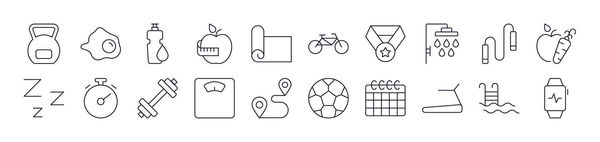 Collection of Signs of Healthy Lifestyle, Fitness, Wellness Drawn with Thin Line for apps, web sites, banners, infographics and other types of design vector